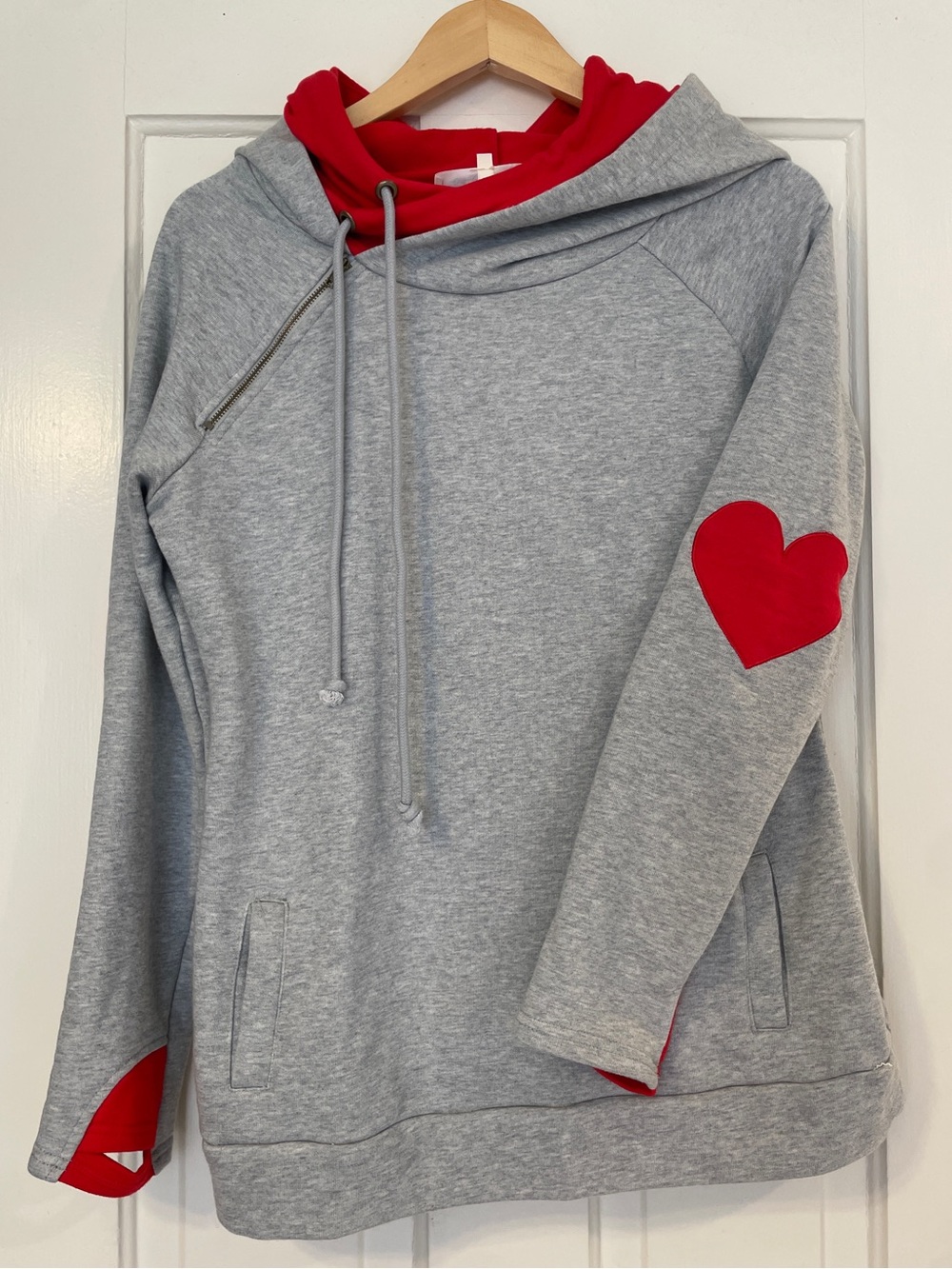 Vanilla Bay Double Hood Heart Elbow Patch Side Zip Hoodie Gray Red Size M